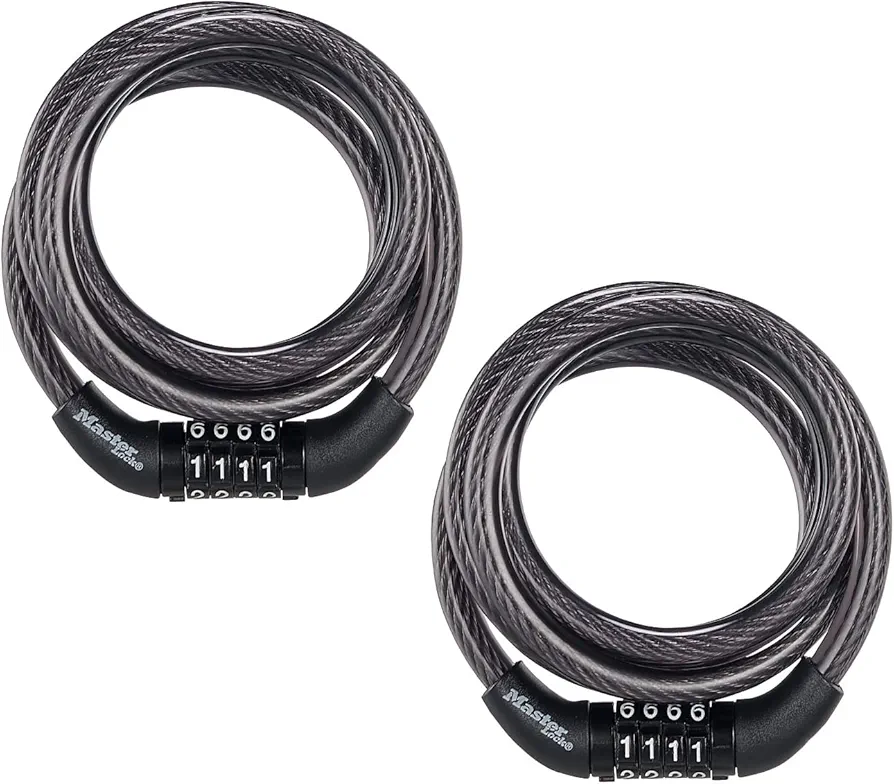Master Lock Black Set Preset Combination Bike Lock, Metal Cable Lock has a Weather Resistant Vinyl Coating for Outdoor Equipment, Bicycles, 4 Feet Long, Pack of 2, 8143T