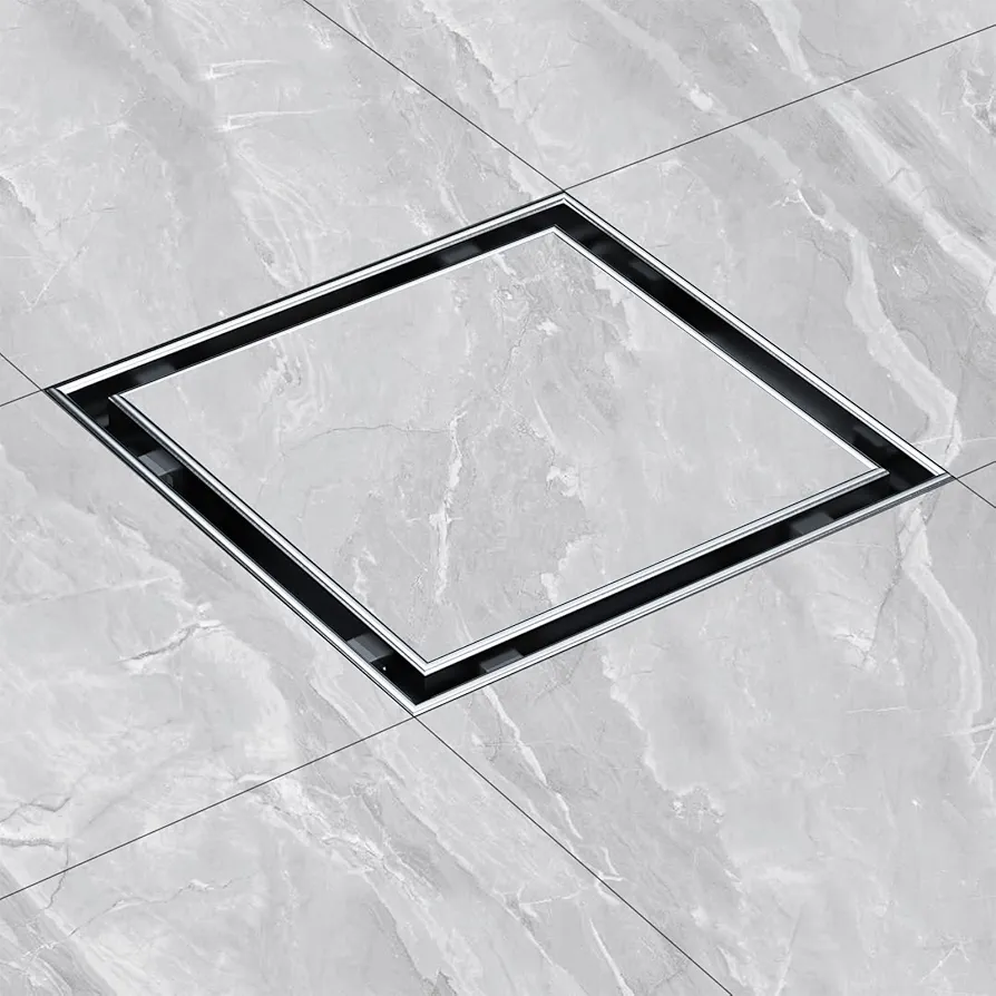 EMBATHER 4 Inch Square Shower Drain with Tile Insert Grate, 304 Stainless Shower Floor Drain and Shower Drain Cover Included Hair Catcher and Leveling Feet, Brushed Nickel