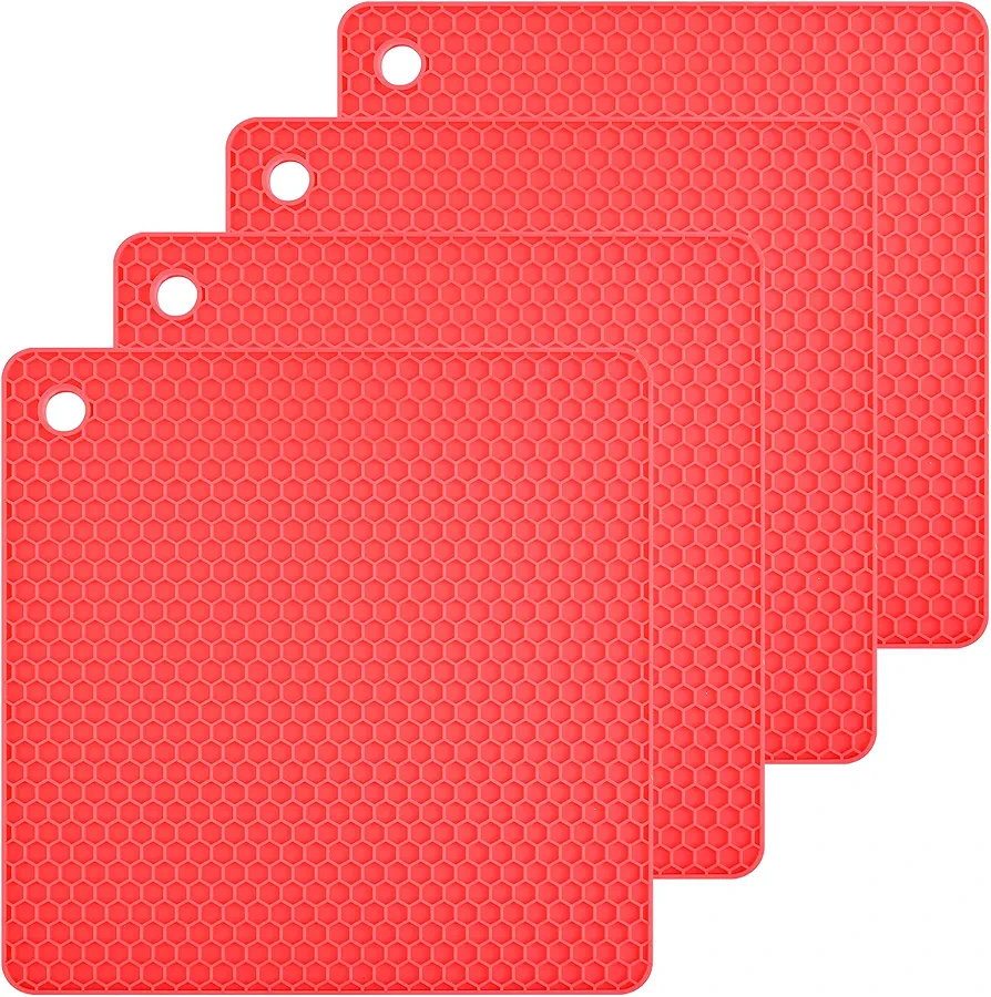Smithcraft Silicone Trivet Mat for Hot Dish and Pot Hot Pads Counter Mat Heat Resistant Tablemats or Placemats 4 Pack,Size:7.5x7.5 Inch, Color: Red, Shape:Square