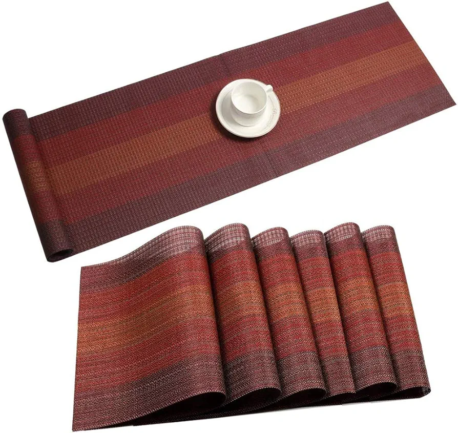 Placemats with Table Runner Set Vinyl Woven Insulation Heat Resistant Kitchen Table Mats for Family Dinner,Outdoor or Indoor Parties,Farmhouse,Thanksgiving,Christmas & Gathering(Colorful Red)
