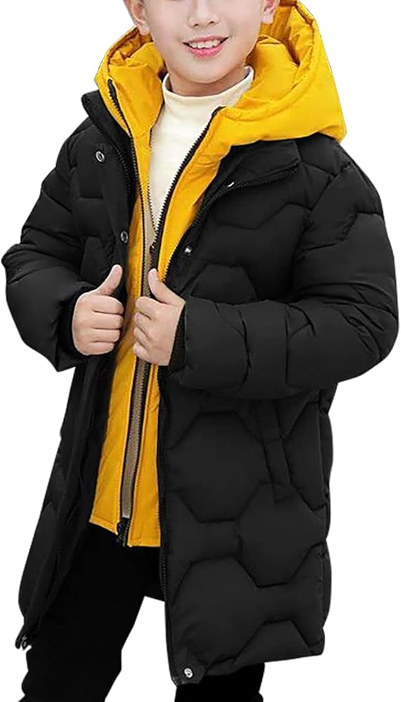 Happy Cherry Boy's Mid Long Winter Coat Quilted Down Puffer Parka Jacket Hooded Heavyweight Thicken Coats Outwear for Kids