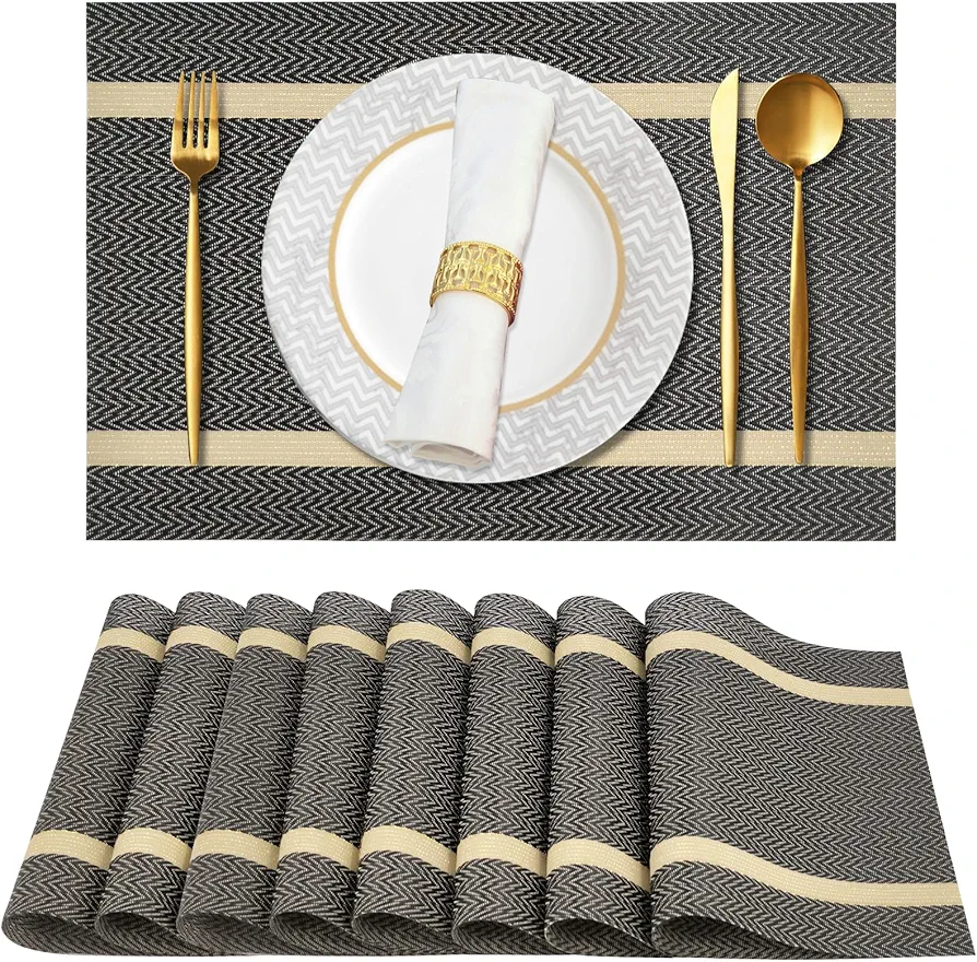 Placemats Set of 8 Vinyl Woven Place Mats for Kitchen Table Indoor/Outdoor Washable Placemat Wipeable Dining Table Mats(Brown)
