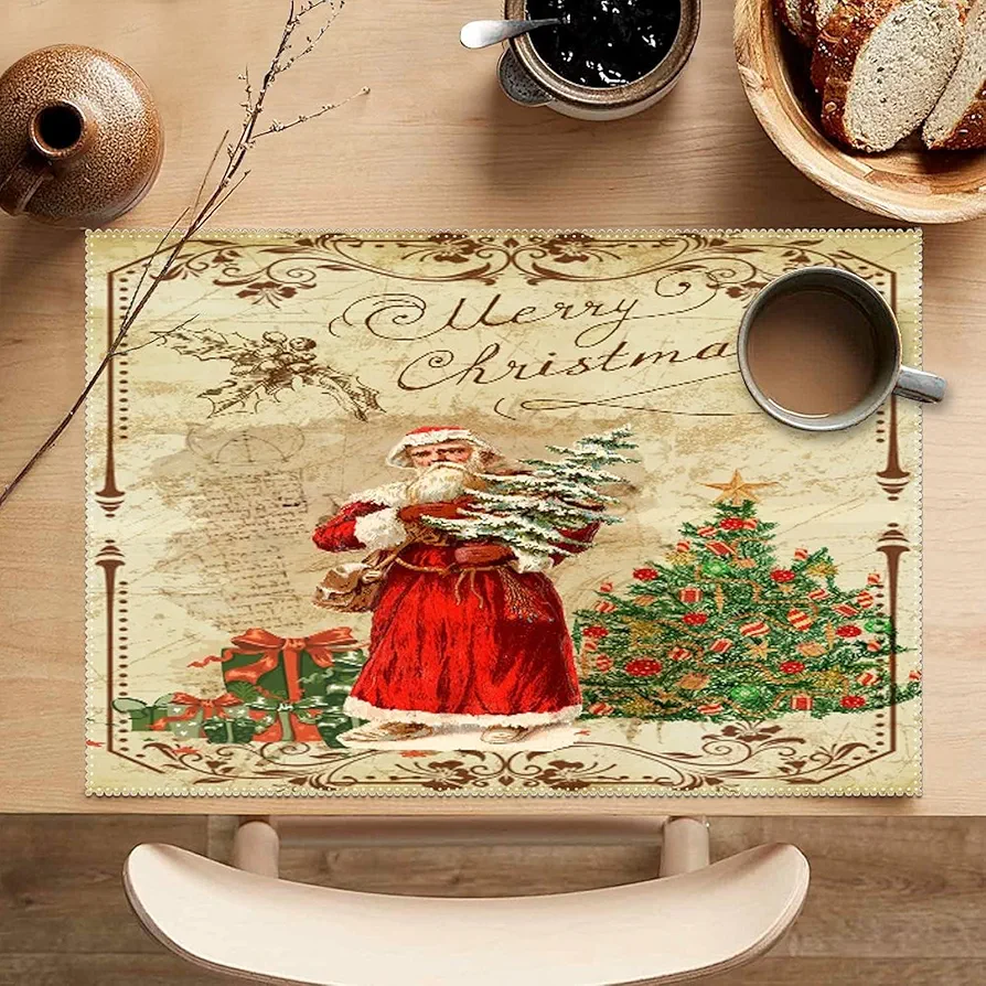 Placemats Set of 6 Old Fashioned Santa Table Mat Non-Slip Heat Resistant Table Mats Victorian French Merry Christmas Dining Placemats Dining Table