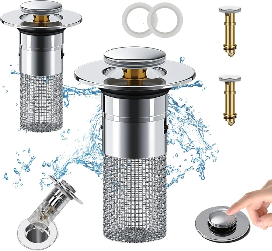 2PCS Bathroom Sink Stopper Strainer, Pop-Up Bathroom Sink Drain Strainer with Removable Stainless Steel Hair Catcher Basket, Universal Fit for US Bathroom Sinks, Bathtubs, Showers & Floor Drains
