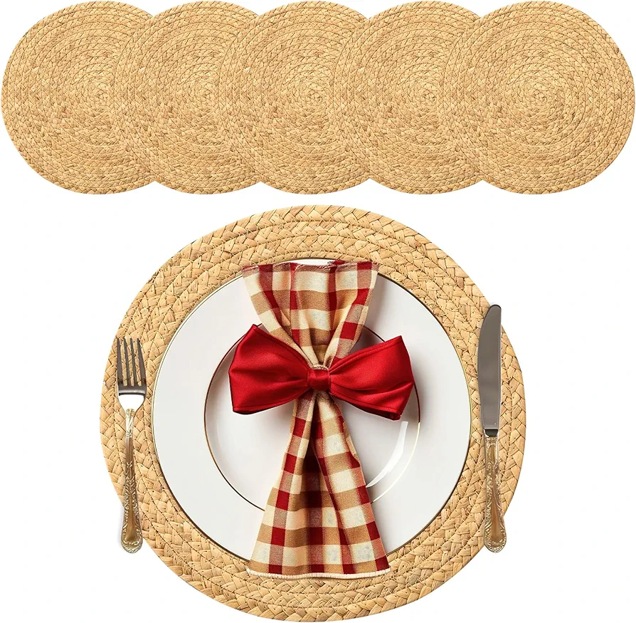 14'' Round Woven Placemats Set of 6 - Natural Extra Wide Placemats Braided Heat Resistant Placemats Farmhouse Boho Fringe Place Mats Wipeable Circle Wicker Placemats