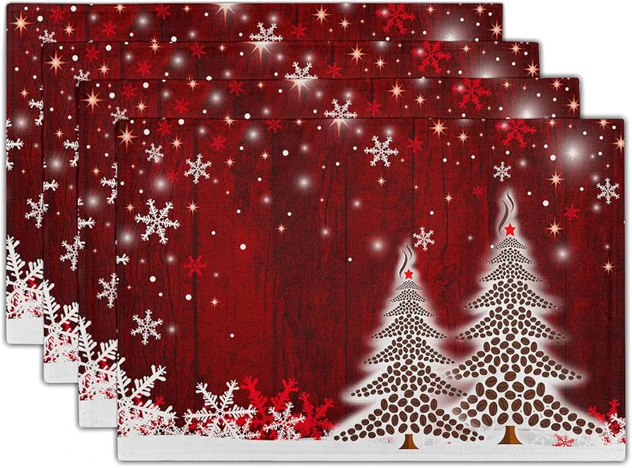 Christmas Placemats Set of 4 Snowflake Christmas Tree Cloth Place mats Dining Table Place mats Machine Washable Heat-Resistant Table Mats for Kitchen Home Decor