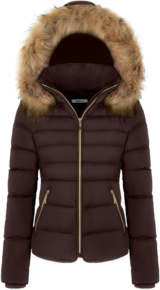 BodiLove Thickened Winter Puffer Jacket with Removable Faux Fur Hood Fleece Lining
