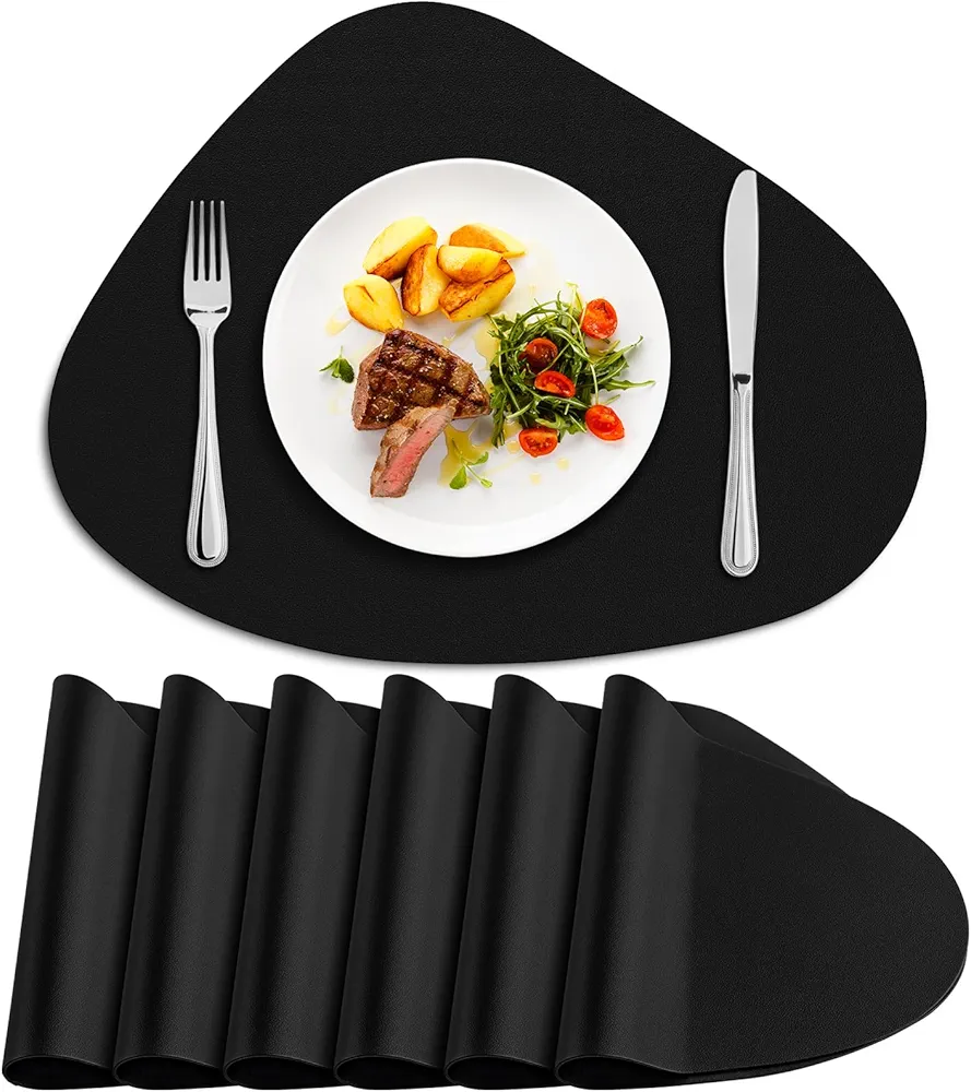 Placemats for Dining Table Set of 6, Heat Resistant Leather Placemats Double Layer, Soft Waterproof Round Table Mats Easy to Clean for Kitchen Dining Room Coffee Office Table, Black