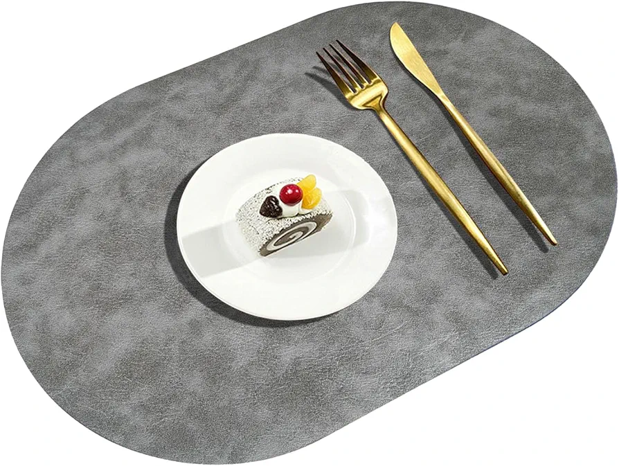Oval Leather Placemats Set of 6 Washable,Heat Resistant Table Mats for Dining Table, Durable and Easy to Clean for Daily Use (Dark Gray)