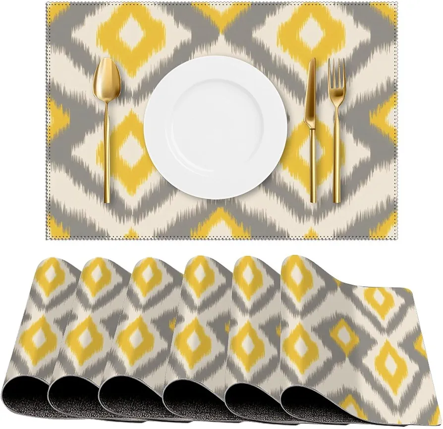 Ikat Textile Gray and Yellow Place Mats Set of 6 PCS Placemats for Dinning Coffee Table Kitchen Home Decoration Non-Slip Heat Resistant Table Mats, Style, s6p3lwq8mopq