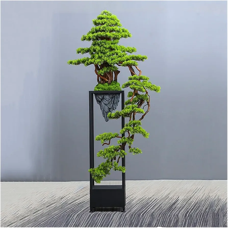Fake Plants Large Artificial Bonsai Welcoming Pine Tree, Simulation Potted Plant Decorative Bonsai with Flower Stand, Floor Fake Tree Pot Ornaments Bonsai Tree(B)