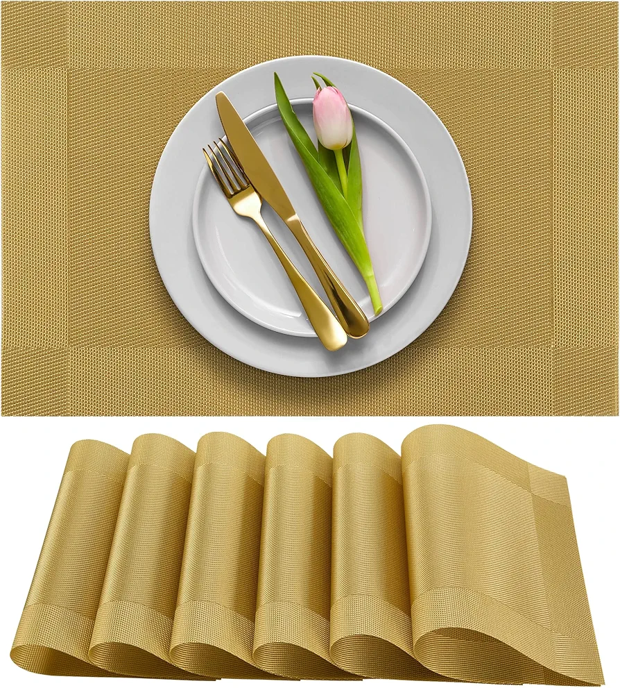 More Décor Dining Table Placemats, Washable Heat-Resistant PVC Vinyl Table Mats for Dining Room and Kitchen, Anti-Slip - Set of 6 -Gold