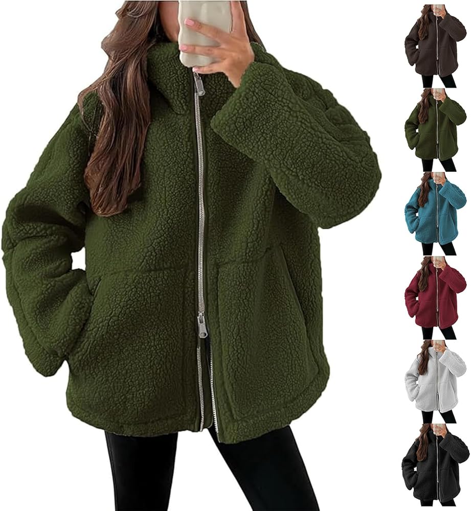 Womens Oversized Fleece Sherpa Lined Jacket Zip Up Long Sleeve Teddy Coat Casual Winter Warm Clothes with Pockets