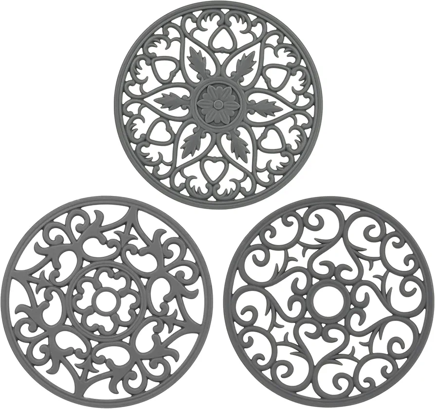 Trivets for Hot Dishes, Silicone Trivet Mat for Hot Pots and Pans, Intricately Carved Hot Pads for Kitchen Countertops, Multi Purpose Heat Resistant Mats Silicone Trivet Set of 3, Dark Grey
