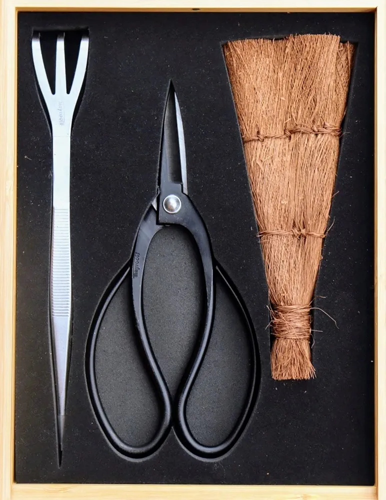 Tinyroots Tool Kit for Bonsai - 3 Piece Set Includes: Traditional Butterfly Shaped Bonsai Shears, Genuine Japanese Hemp Broom, Three Pronged Rake & Bamboo Storage Case + Bonsai Tools