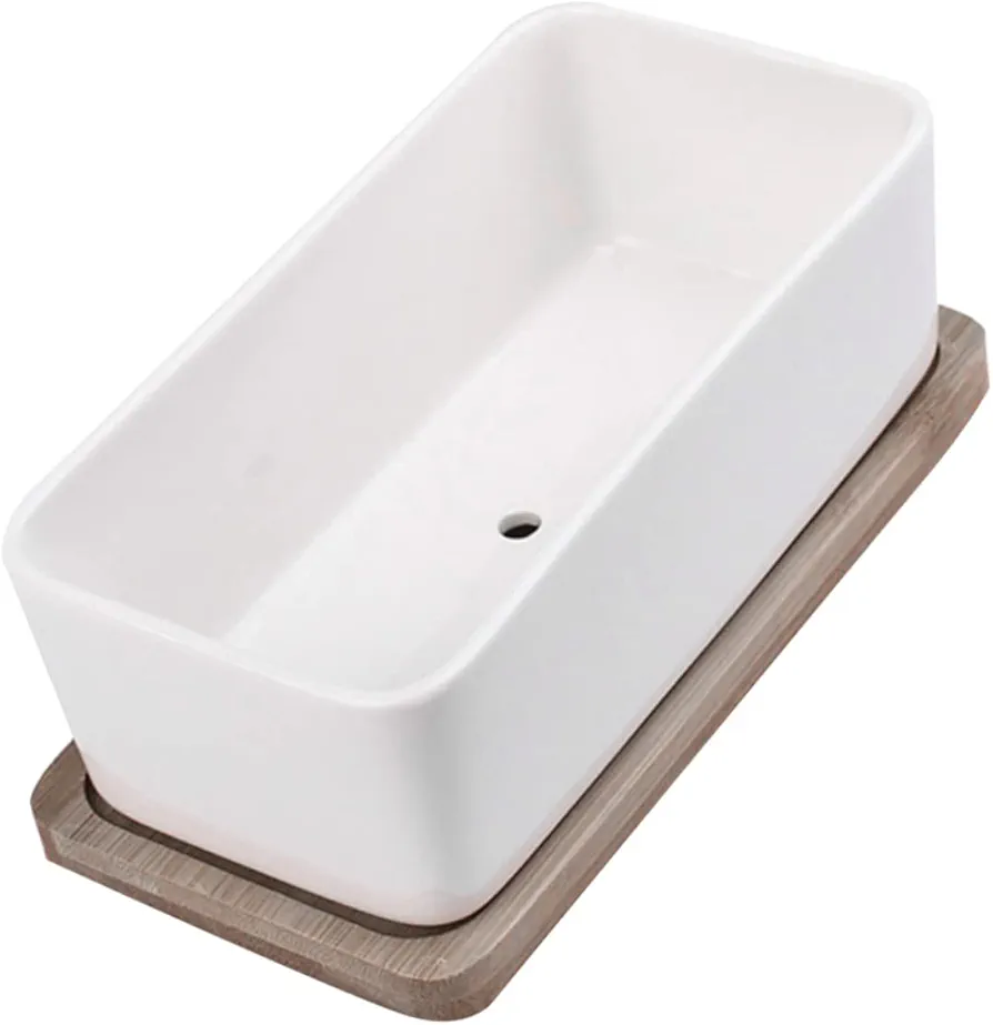 1 Set Ceramic Tray Succulent Planter Bonsai Tree Kit Artificial Plants Terracotta Bonsai Pots with Drainage Tray Rectangle Planter Driftwood Planter Artificiel White Wooden
