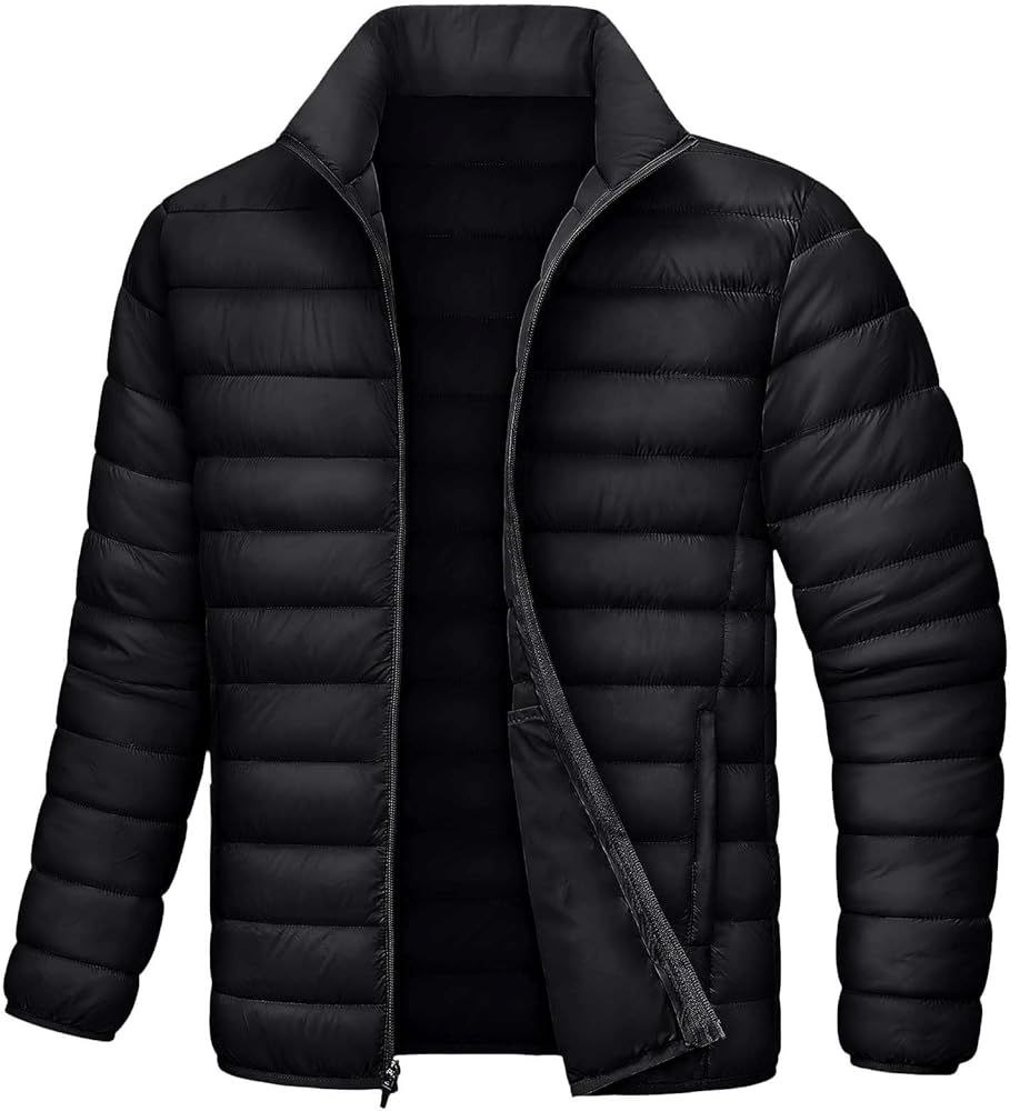 Mens Puffer Jacket Long Sleeve Soft Zipper up Windproof Fall Winter Warm Packable Hoodless Coats with Pocket