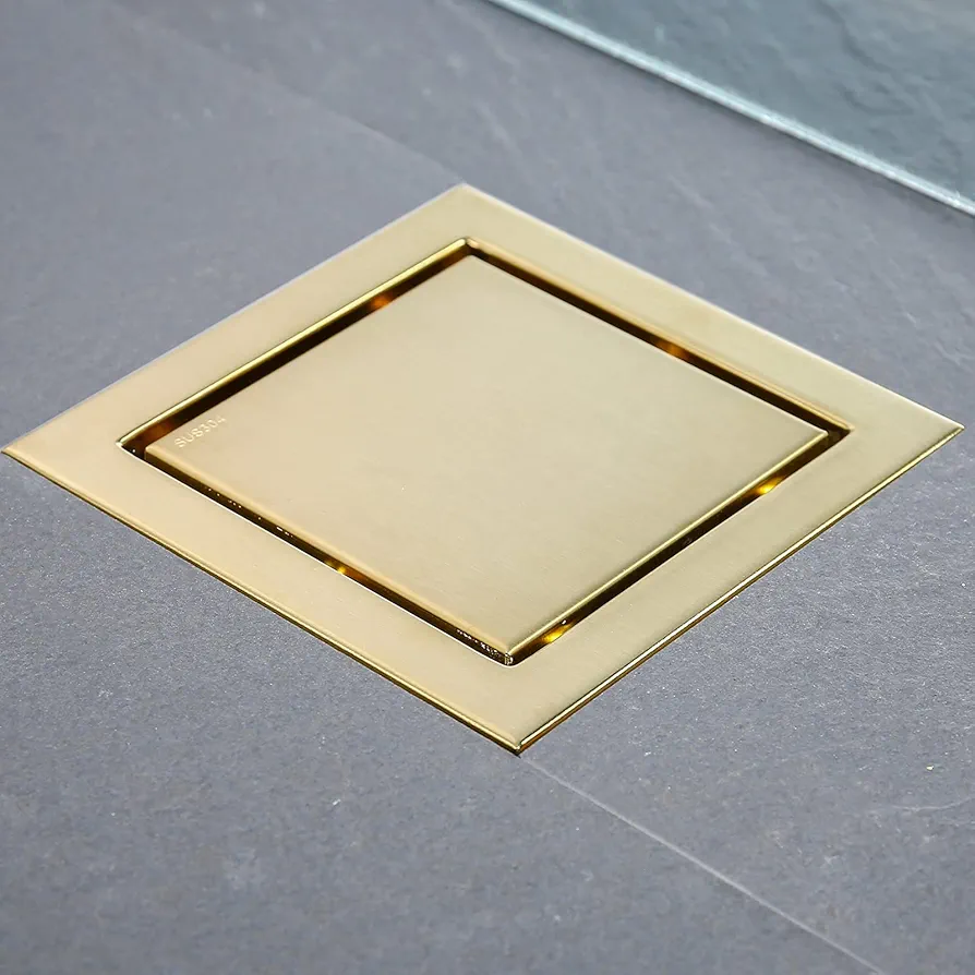 RANDOM Brushed Gold Shower Drain Square 6 inch SUS304 Stainless Steel Shower Floor Drain with Hair Strainer Tile Insert Shower Drain Cover