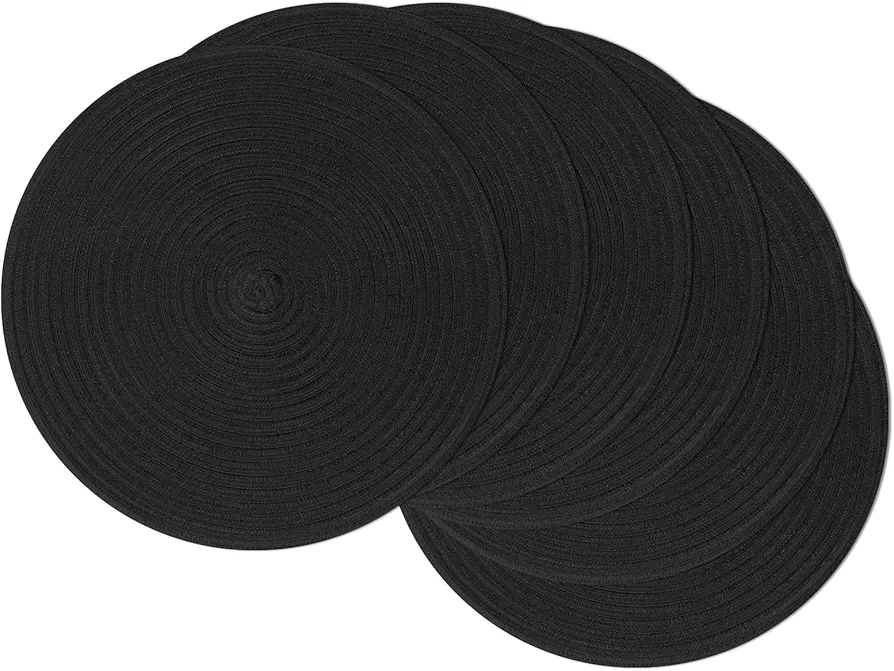 SHACOS Round Braided Placemats Set of 6 Cotton Polyester Washable Round Table Mats 15 inch Heat Resistant Place Mats (Black, 6)