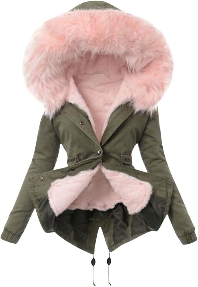 Qeaghou Fleece Lined Winter Coats for Women Warm Trench Coat Furry Windbreaker Ski Jacket Fuzzy Solid Jacket with Hood