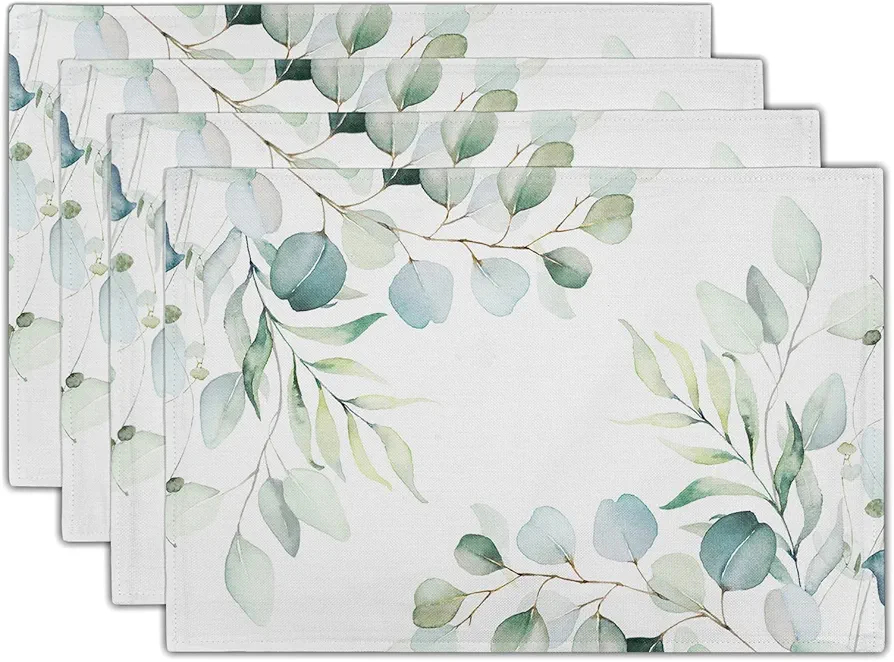 Sage Green Placemats Set of 4 Washable Non-Slip Heat Resistant 12×18 Inch Spring Watercolor Eucalyptus Leaves Thick Place Mats Decorative Linen Fabric Table Mat for Dining Table Kitchen Home Decor