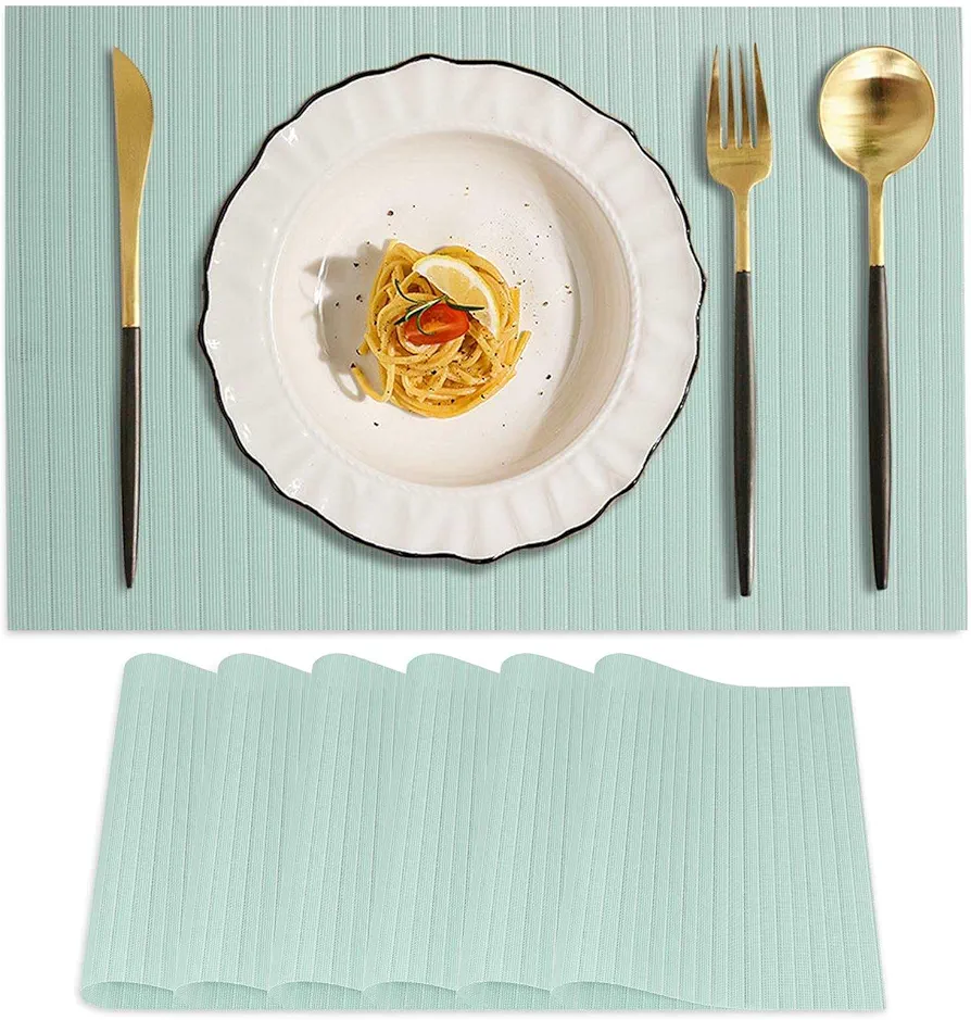 Teal Blue Placemats Set of 6 - Easy Clean Washable Vinyl Placemats - Wipeable Heat Resistant Table Mats for Indoor Outdoor Dining Table - 17x12 Inch