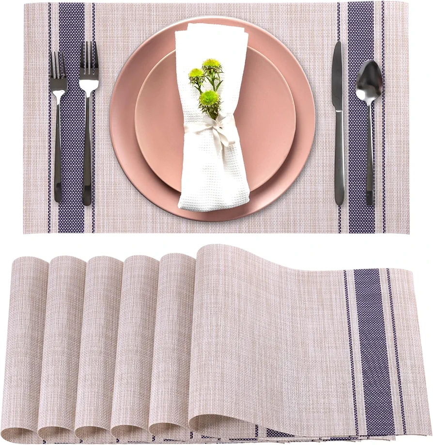 Heat Resistant Placemats Set of 6 Wipeable Washable Non-Slip Stain Proof Easy Clean Durable Kitchen Vinyl Woven Plate Mats for Dining Table, Patio Table, Flaxen