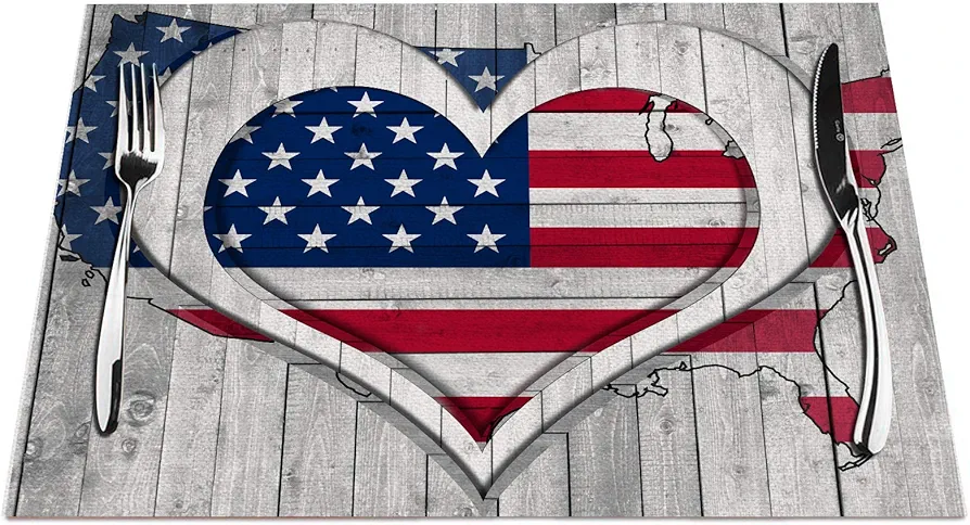 Love Heart Placemats Set of 4, Independence Day 4th of July Placemats Heat Resistant for Dining Table Non-Slip 18x12 Inches