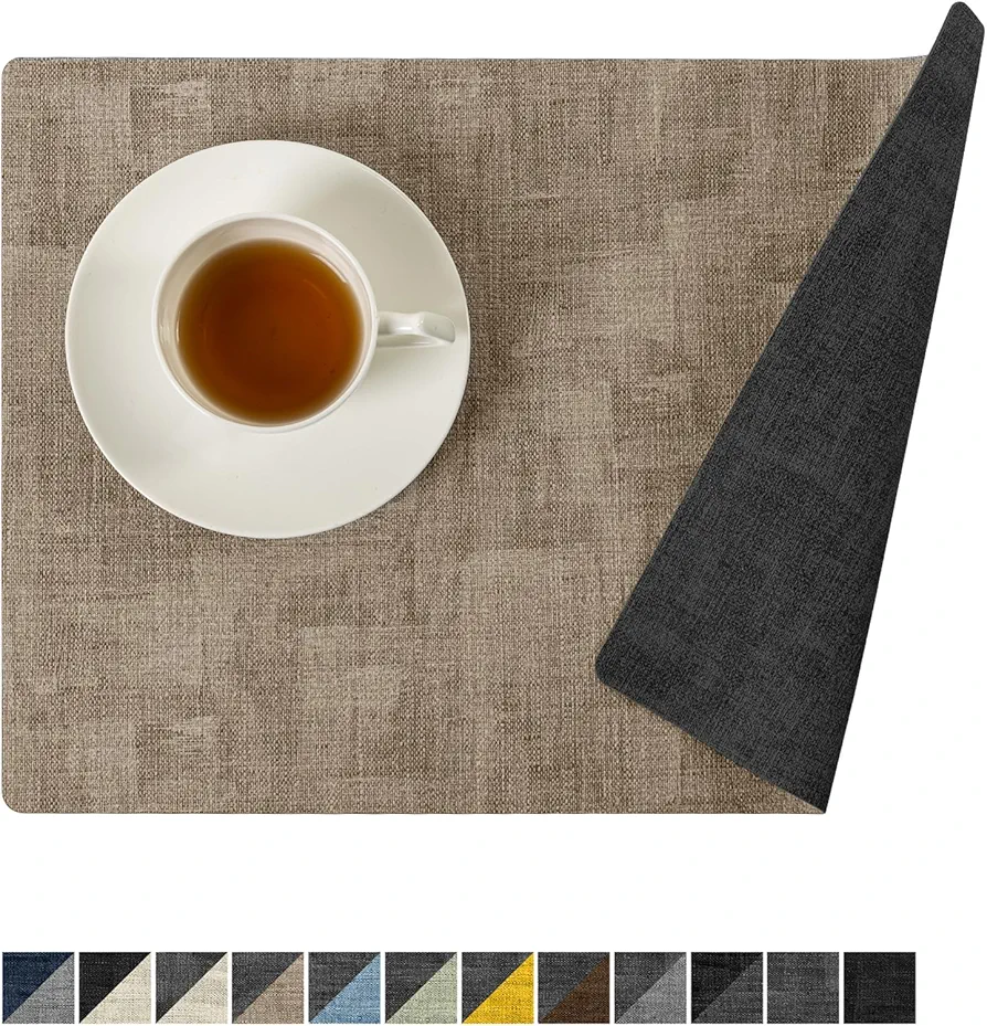 Romanstile Reversible Vinyl Placemats Set of 6, Faux Leather 100% Waterproof Oil-Proof Wipeable Place Mats, Heat Resistant Dual Sided Table Mats for Kitchen/Dining/Party (Grey Khaki, 12 x 18 Inch)