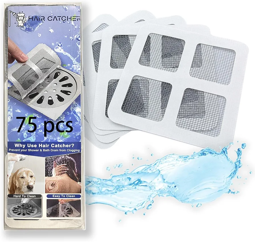 75 pc-Pack Disposable Shower Drain Hair Catcher, Floor Drain Mesh Sticker Strainers, Disposable Drain Covers for Shower, Filter Patches for Drian for Bathroom to Prevent Clogged Drains（ 4-inch