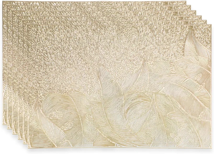 Placemats Set of 6, Heat Resistant Place Mats, Washable PVC Table Mats, Non-Slip Stain Resistant Kitchen Table Placemats Easy to Clean, Suitable for Indoor & Outdoor Use (Gold)