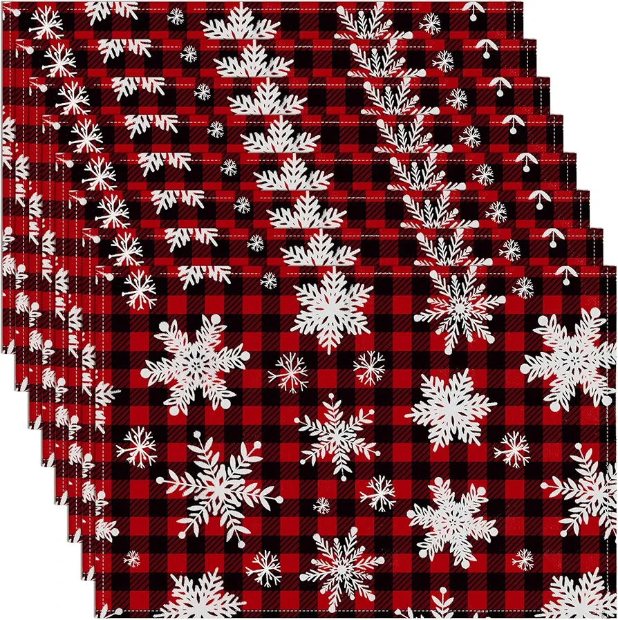 Maxpearl Buffalo Plaid Christmas Placemats Set of 8, Winter Holiday Thanksgiving Snowflake Table Mats - Heat, Wear Resistant Place Mats for Kitchen Dining Table Decorations, 18 × 12 Inch