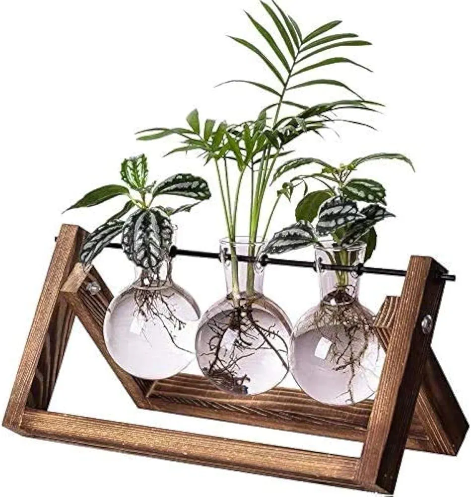 Kingbuy Plant Propagation Stations Terrarium Glass Desktop Planter with Retro Wooden Stand 3 Bulb Vases for Hydroponics Indoor Office Desk Home Decor, Plant Holder Lover Gifts for Women