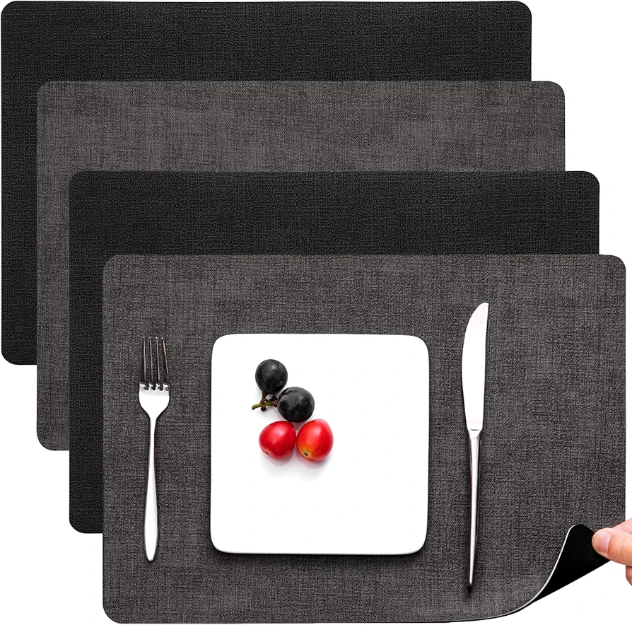 Myir JUN Placemats Dual Sided, Faux Leather Place Mats Set of 4 Indoor Placemats for Dining Table Outdoor Placemats Manteles Individuales Square Non-Slip Washable Table Mats (Gray Black, Set of 4)