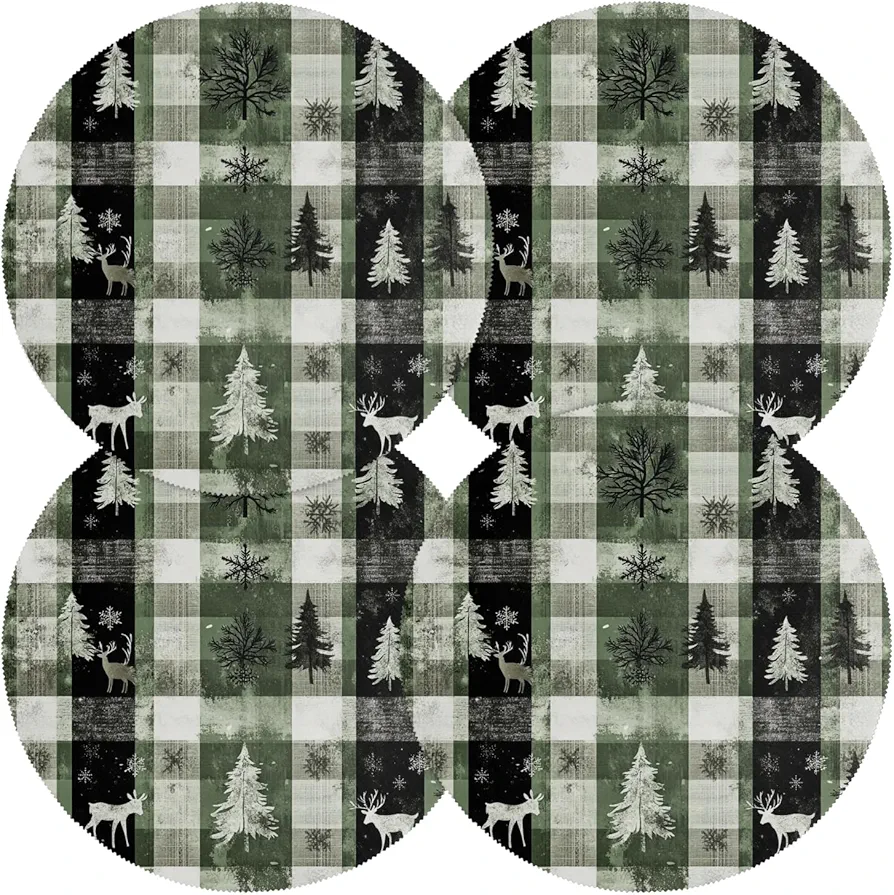 Deer Trees Round Placemats Set of 4 Green Black Plaid Winter Place Mats 15 Inch Washable Non-Slip Heat Resistant Table Mats for Kitchen Dining Decor