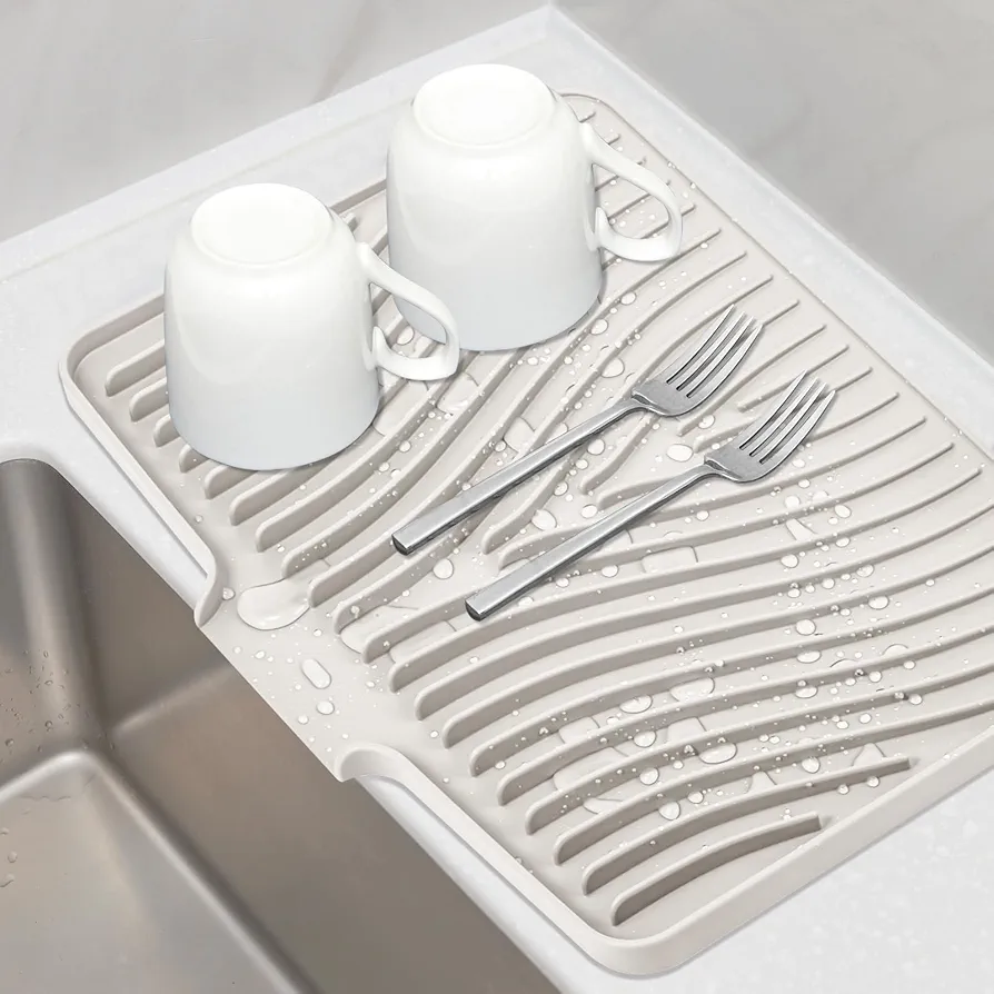 Silicone Dish Drying Mat for Kitchen Counter, Dish Drying Pad, Non-Slip Drain Pad with Built-in Drain, Heat Resistant Stone Drying Mat(15.8" x 13", White)