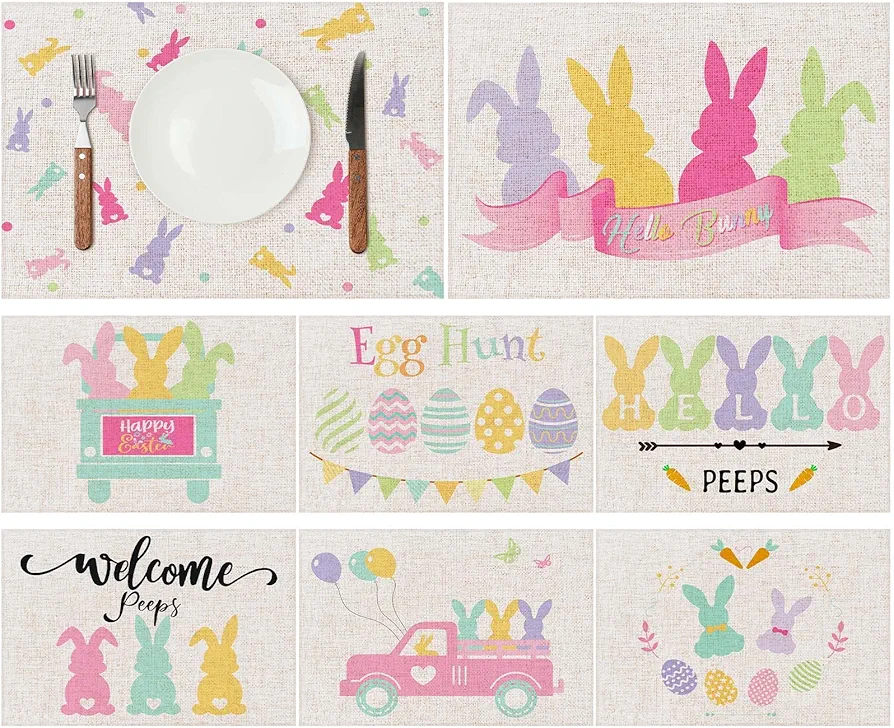 8 Pieces Easter Placemats Easter Decorations 18x12 Inches Seasonal Spring Decor Welcome Hello Place Mats Bunny Heat Resistant Table Mats for Home Kitchen Table Decor