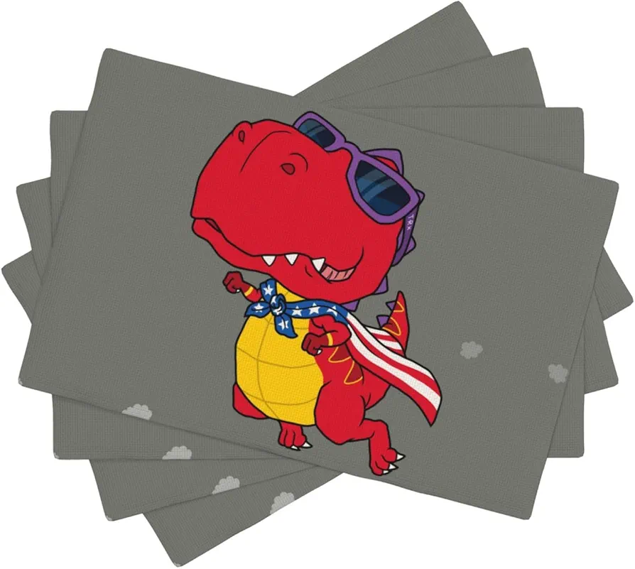 Dinosaur Super Hero Cartoon Placemats Set of 4, Heat Resistant Place Mats, Indoor/Outdoor Table Placemats Wipeable, Modern Washable Table Mats for Kitchen Dining Patio Farmhouse Table