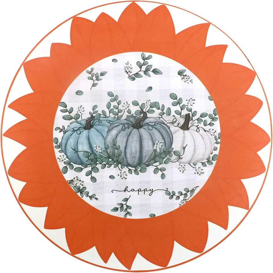 Fall Pumpkin Placemats Set of 4 Round Orange Autumn Table Mats Faux Leather Thick Thanksgiving Placemats Machine Washable Non-Slip Heat Resistant Place Mats for Kitchen Table Decor 14 Inch