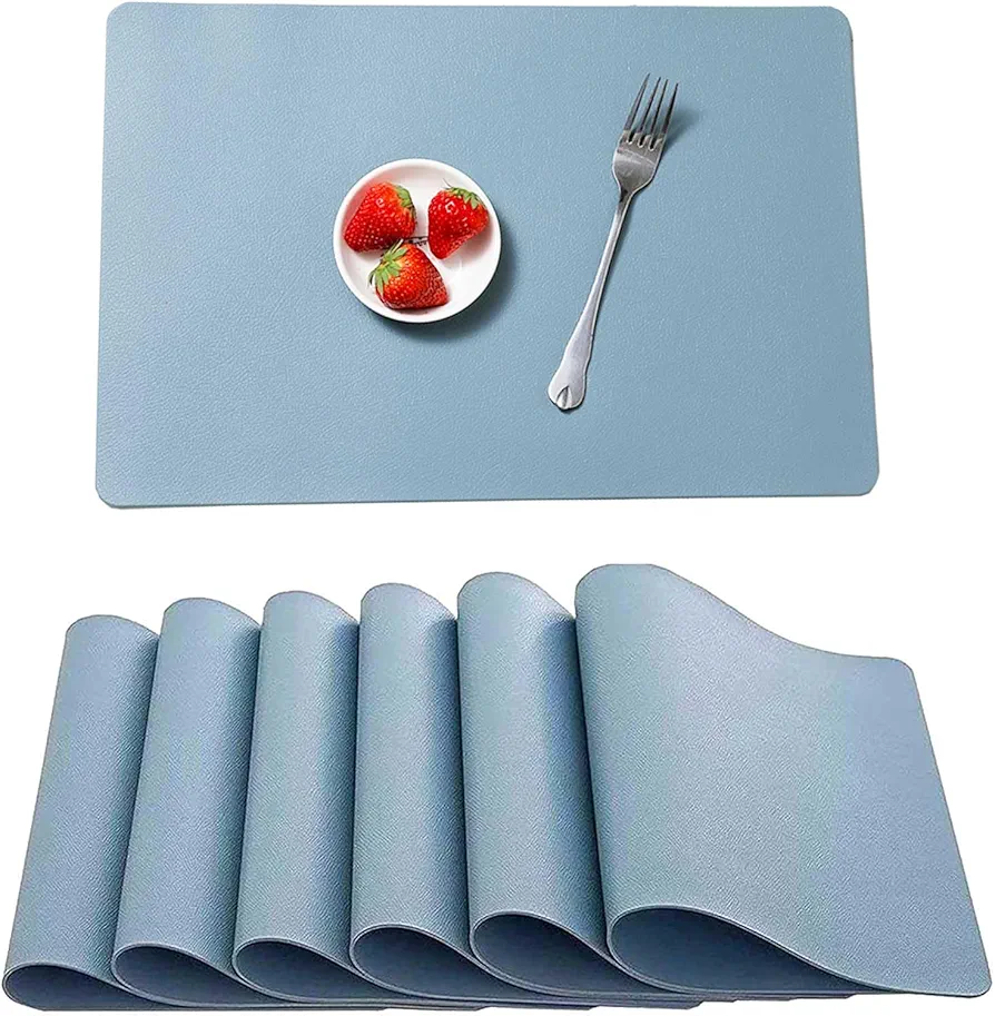 Faux Leather Placemats Set of 6, Faux Leather Heat Resistant Placemats, Wipeable Place Mats Easy to Clean Washable for Kitchen Dining Table (Blue Gray)