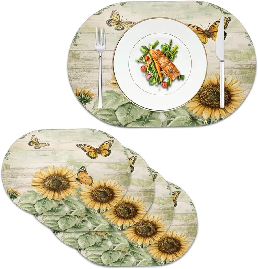 Butterfly Sunflower Pattern Placemats, Heat Resistant Table Mats Washable Placemats Easy to Clean Non-Slip Kitchen Placemats for Oval Table Set of 4