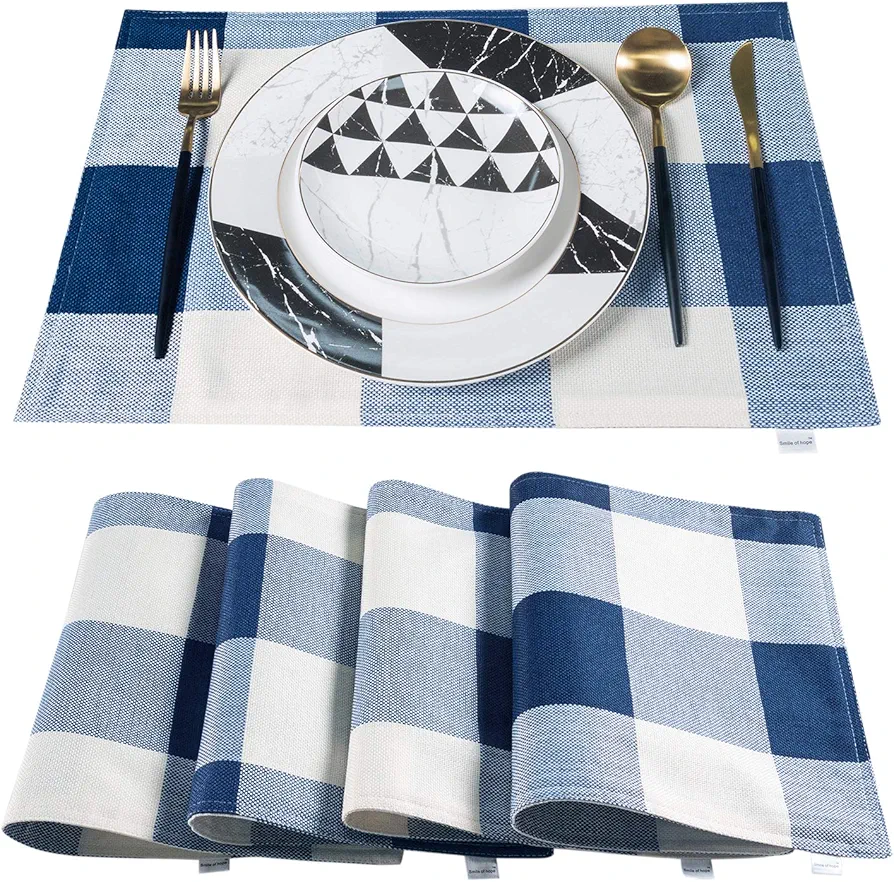 Blue Buffalo Plaid Placemats Set of 4, Linen Checkered Double Layer Placemat Kitchen Table Mats, Waterproof Heat Resistant Durable Cloth Place Mats 13 x 19 Inches (Navy Blue and White)