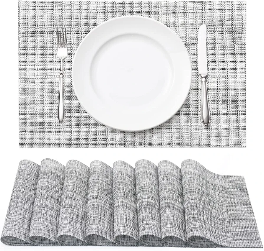 Vinyl Woven Placemats for Dining Table Set of 8, Washable Heat Resistant Place Mats for Home Kitchen Dinner, Indoor Outdoor Placemats for Patio Table, Grey White Rectangle Table Mats by WEHVKEI