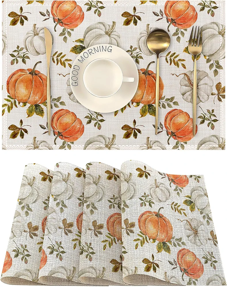 Watercolor Fall Pumpkins and Leaves Placemats Linen Table Place Mats Set of 4 Non-Slip Heat Resistant Table Mats for Dining Kitchen Cabin Decor 12x18 Inch