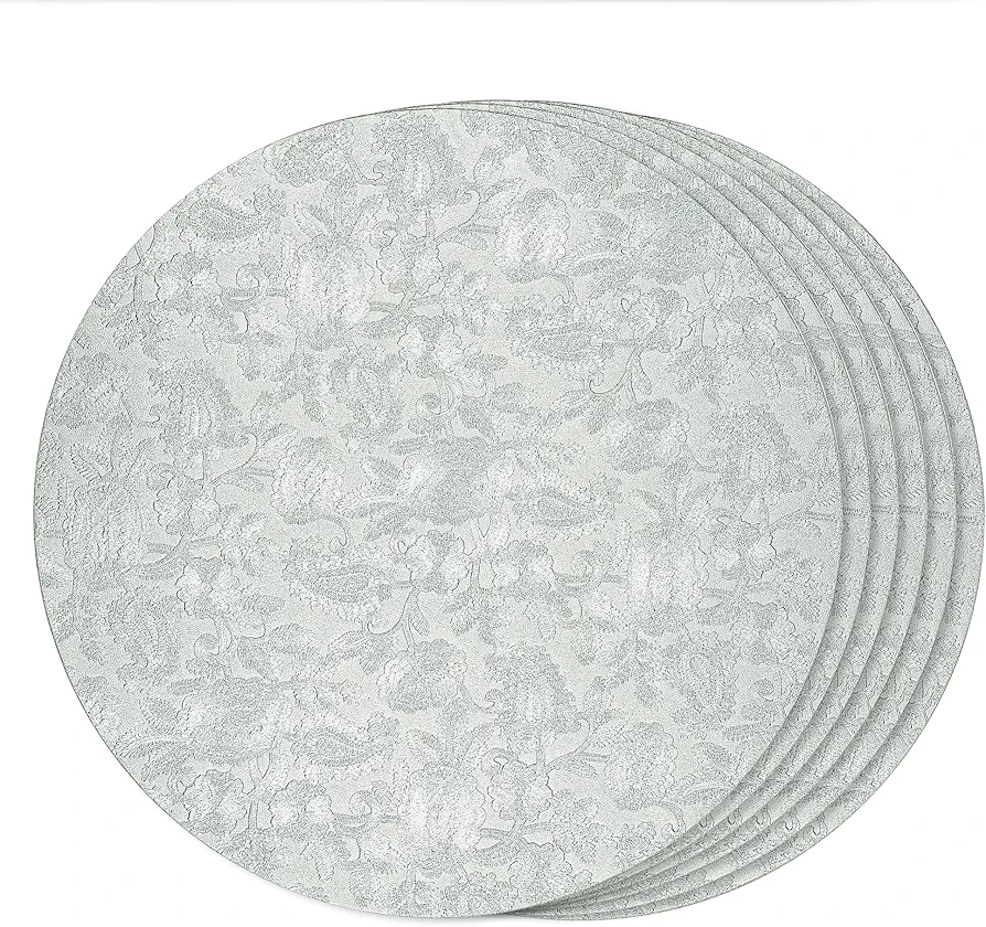 fanquare Faux Leather Placemats 15" Round Silver Placemats Set of 6 Wipeable Heat Resistant Table Mats Embroidered Non-Slip Place Mats for Dining Table Kitchen