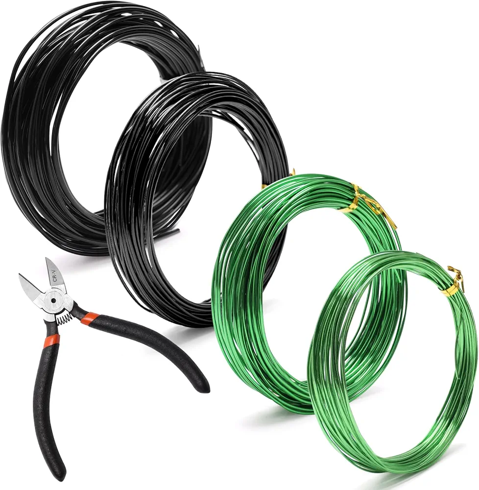 4 Packs Bonsai Wire Kit, Bonsai Training Wire Kit for Bonzai Trees Indoor, Aluminum Wire for Handicrafts Size of 1-mm, 1.5-mm, 2-mm, Bonsai Tool Set with Cutter (Black+Green)