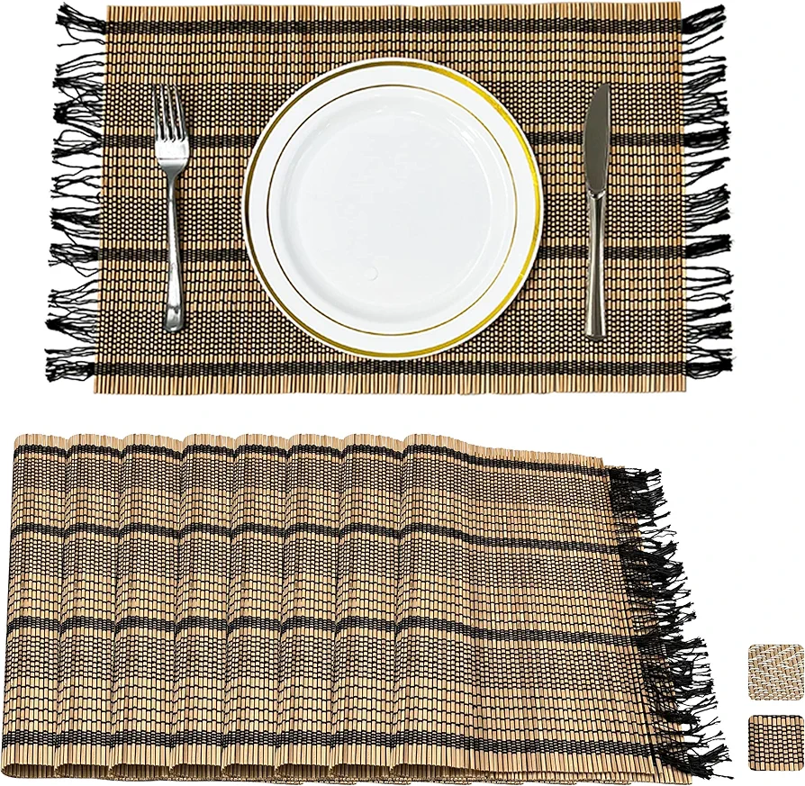ANDSTAR Set of 8 Pcs Bamboo Placemats with Fringed Decoration Natural Anti-Slip Bamboo Placemats Washable Heat-Resistant Table Mats for Dining Room and Kitchen(Brown+Black Fringed) …