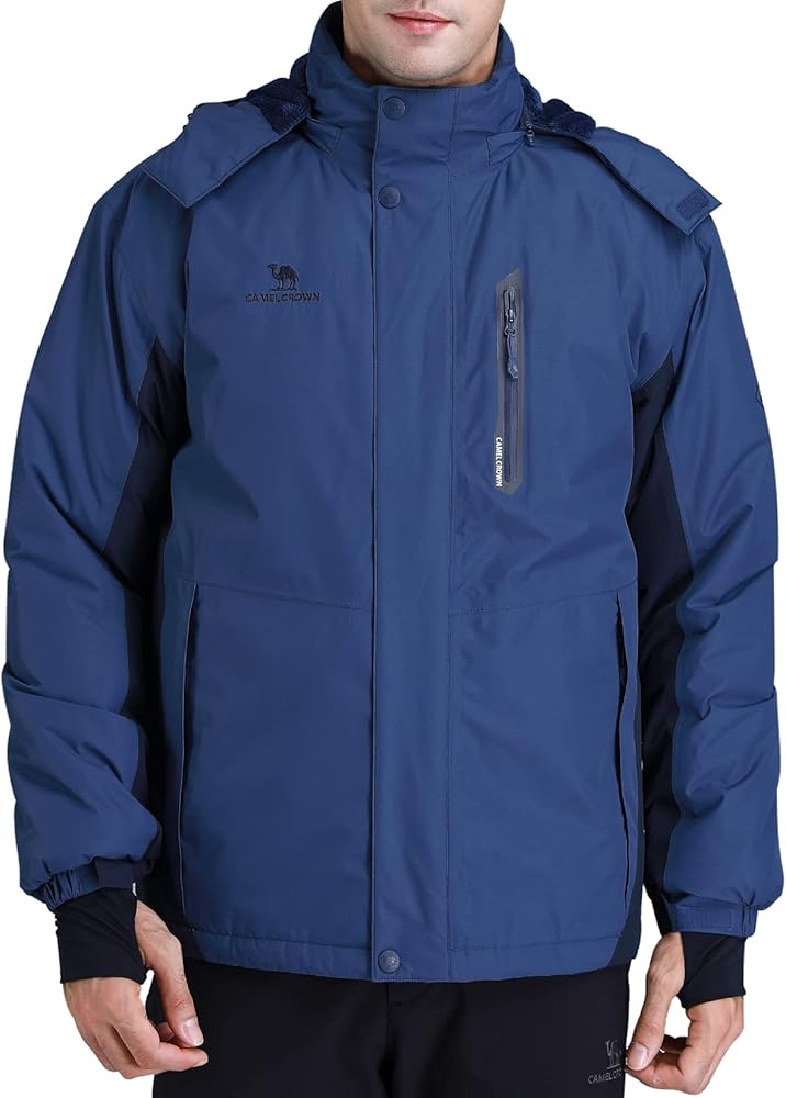 CAMEL CROWN Men's Mountain Snow Waterproof Ski Jacket Detachable Hood Windproof Fleece Parka Rain Jacket Winter Coat