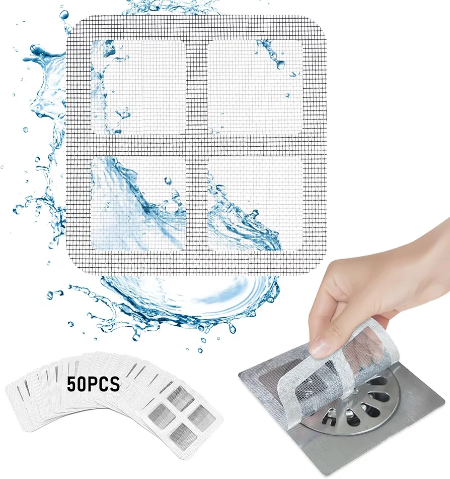 50 PCS, Disposable Drain Covers, 3.9" X 3.9" Disposable Drain Hair Catcher, Disposable Drain Covers for Shower, Disposable Filter Patches for Drain, Disposable Shower Drain Hair Catcher Mesh Stickers