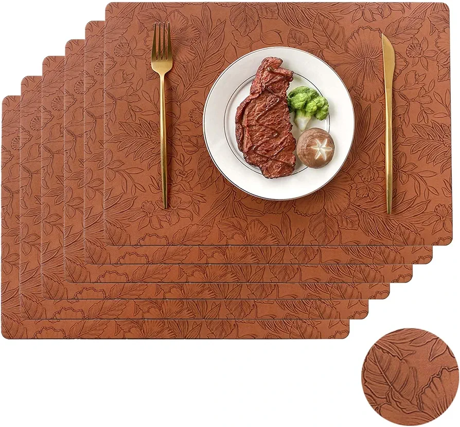 Leather Placemats Set of 6，Waterproof and Heat-Resistant Placemats，Leather Floral Pattern Table Mats，Literary Table Runner for Dining Table Kitchen Parties (Brown)